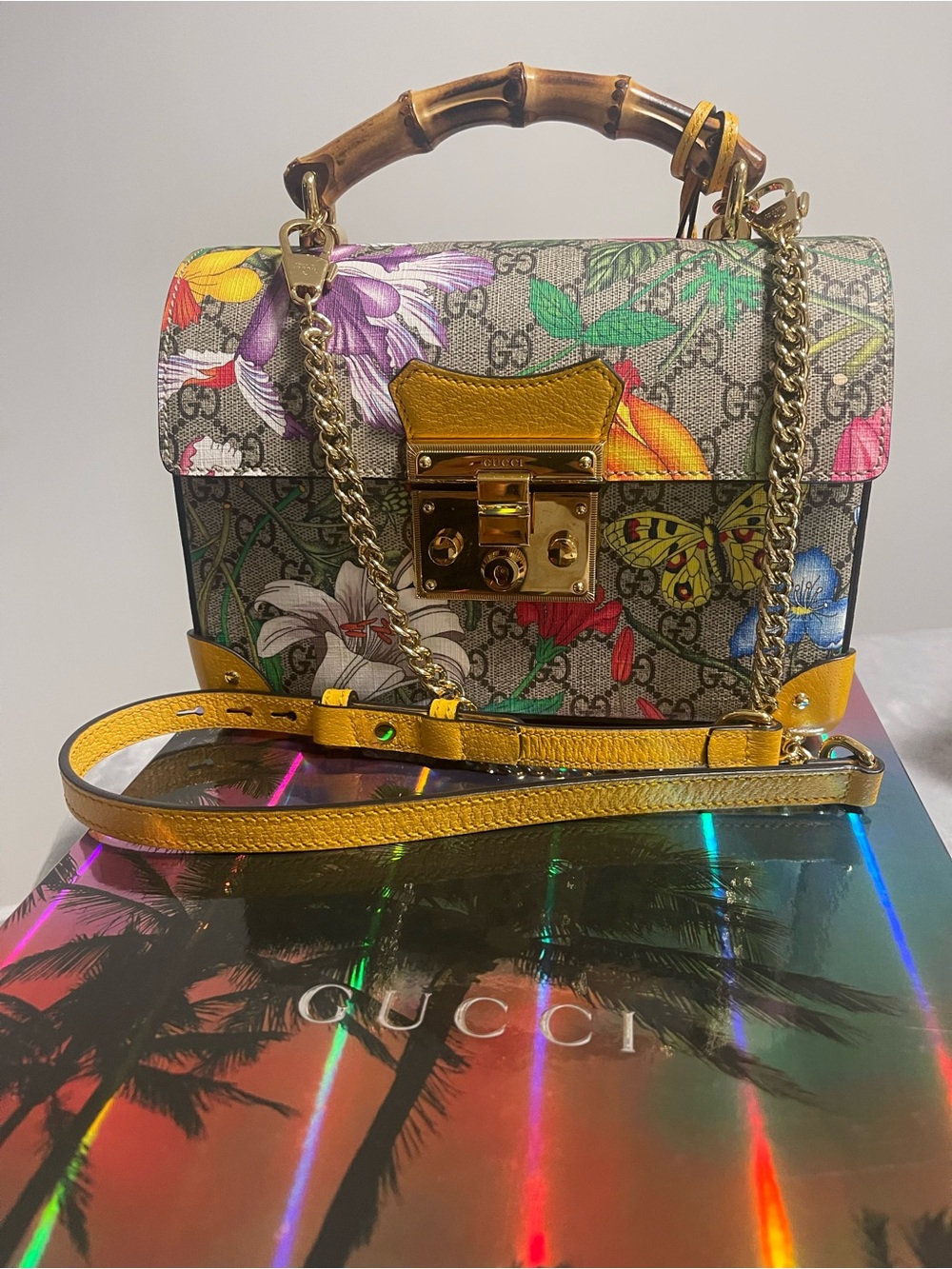 Gucci Floral Canvas Bamboo Top Handle Satchel in Multicolor with Yellow Trim